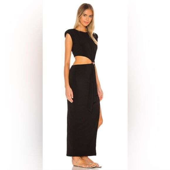 Lovers and Friends Encore Dress in Black Midriff Cut Out Shoulder Pads Maxi XS - Picture 3 of 12
